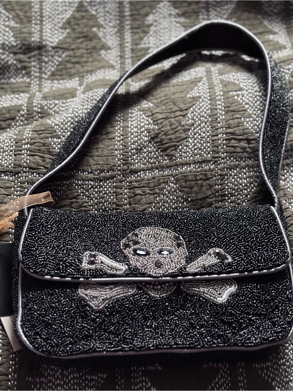 Black Beaded Skull Crossbones Shoulder Bag